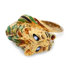Vintage 14K Yellow Gold Green & Amber Enamel Tiger Head Statement Ring