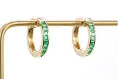 Pendientes de aro de esmeralda verde de oro amarillo de 14k vintage