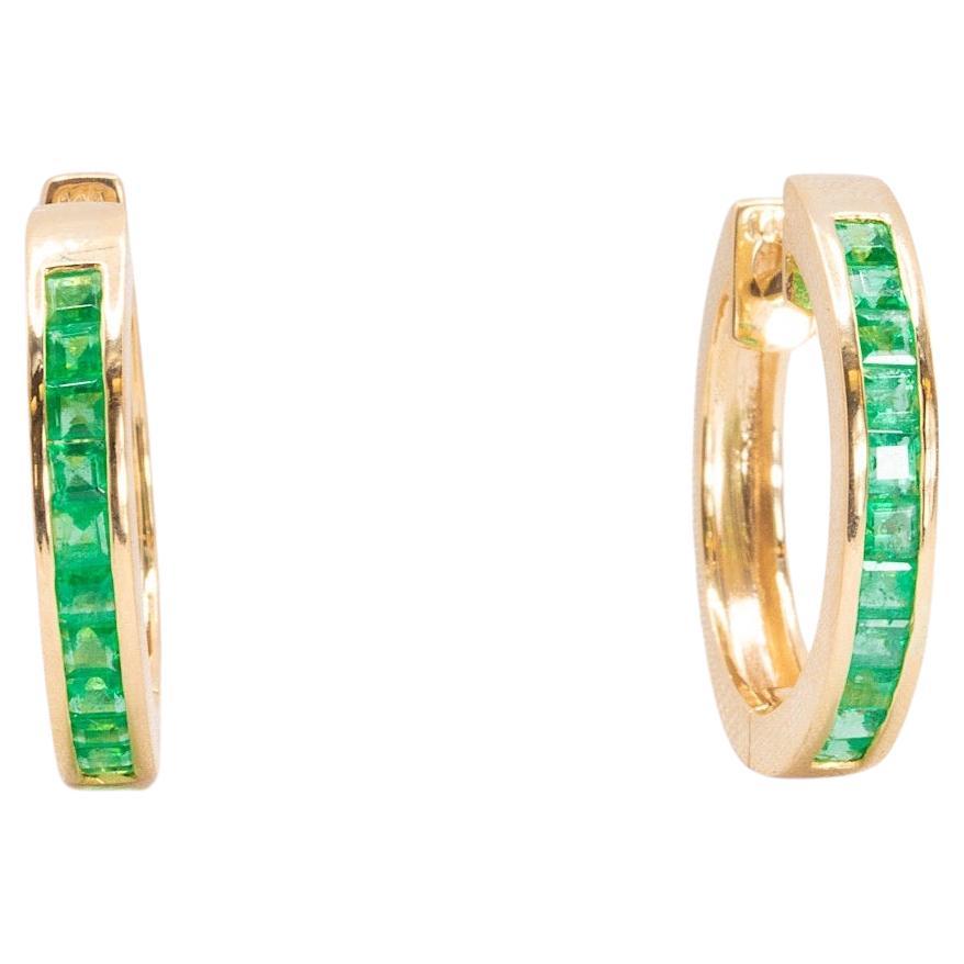 Vintage 14k Yellow Gold Green Emerald Hoop Earrings