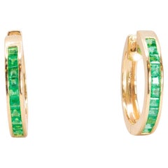 Vintage 14k Gelbgold Grüner Smaragd Hoop-Ohrringe
