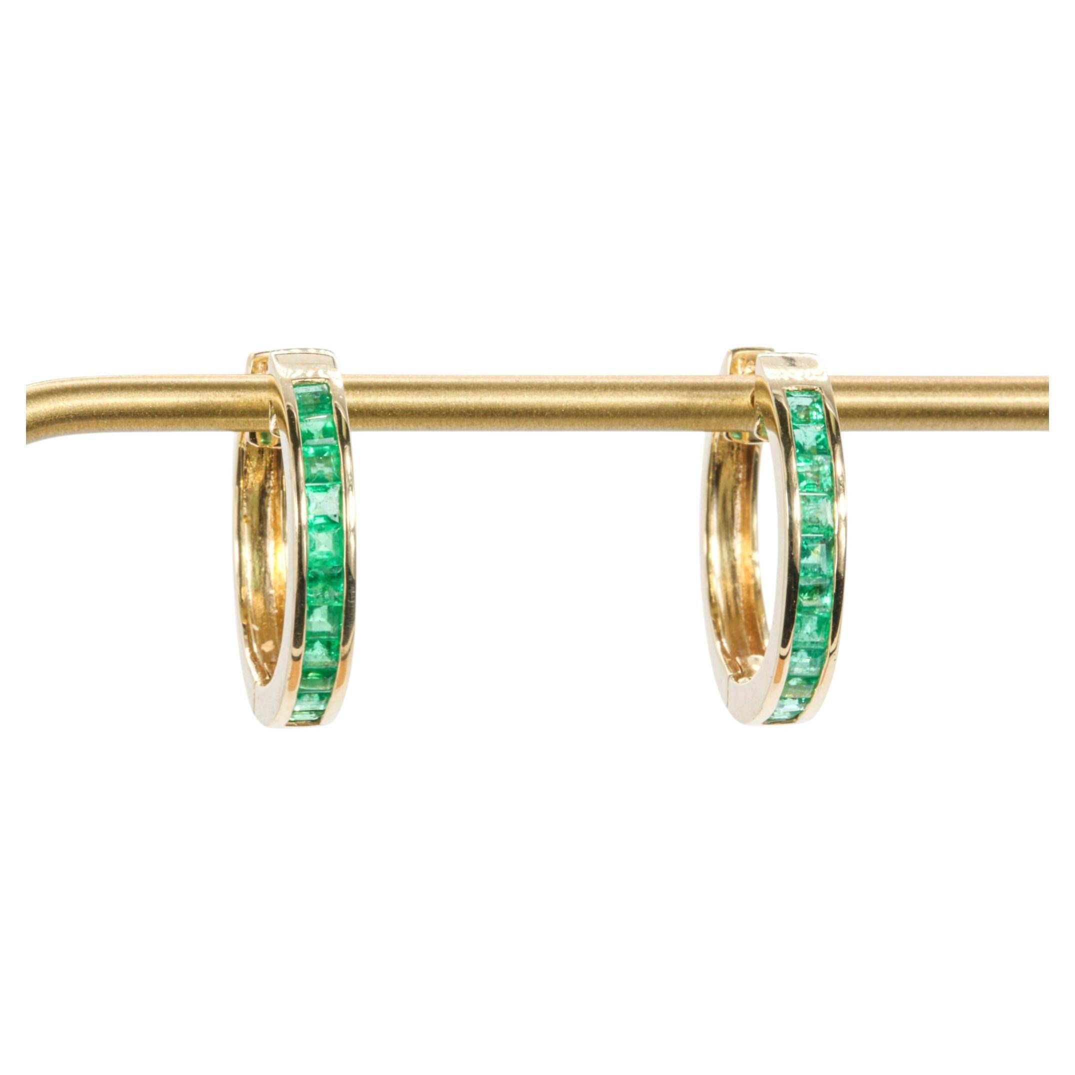 Vintage 14k Gelbgold Grüner Smaragd Hoop-Ohrringe