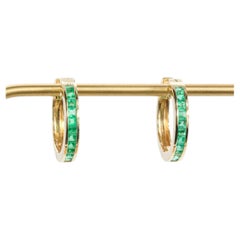 Pendientes de aro de esmeralda verde de oro amarillo de 14k vintage