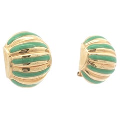 Vintage 14k Yellow Gold Green Enamel Large Puffed Shrimp Banded Drop Earrings