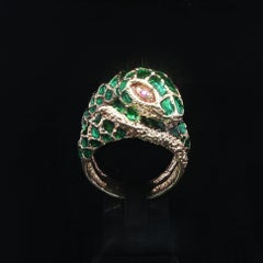 Vintage 14k Yellow Gold Green Enamel Textured Coiled Snake Ring w/ Ruby Eyes