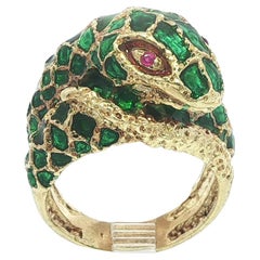 Vintage 14k Yellow Gold Green Enamel Textured Coiled Snake Ring w/ Ruby Eyes