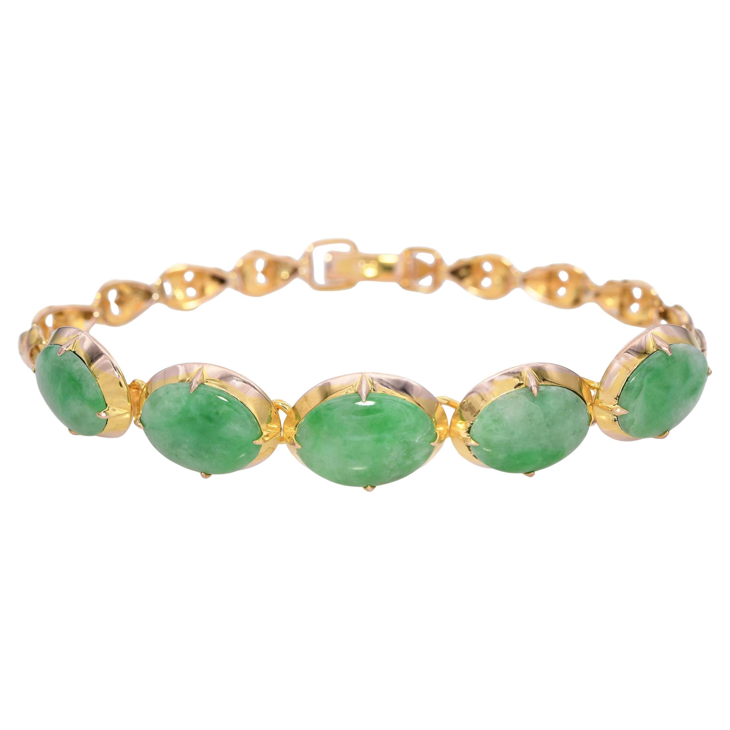Vintage 14k Yellow Gold Green Jade Bracelet For Sale