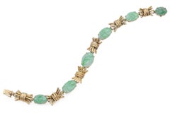 Vintage 14K Yellow Gold Green Jade Carved Oval Cabochon Link Bracelet