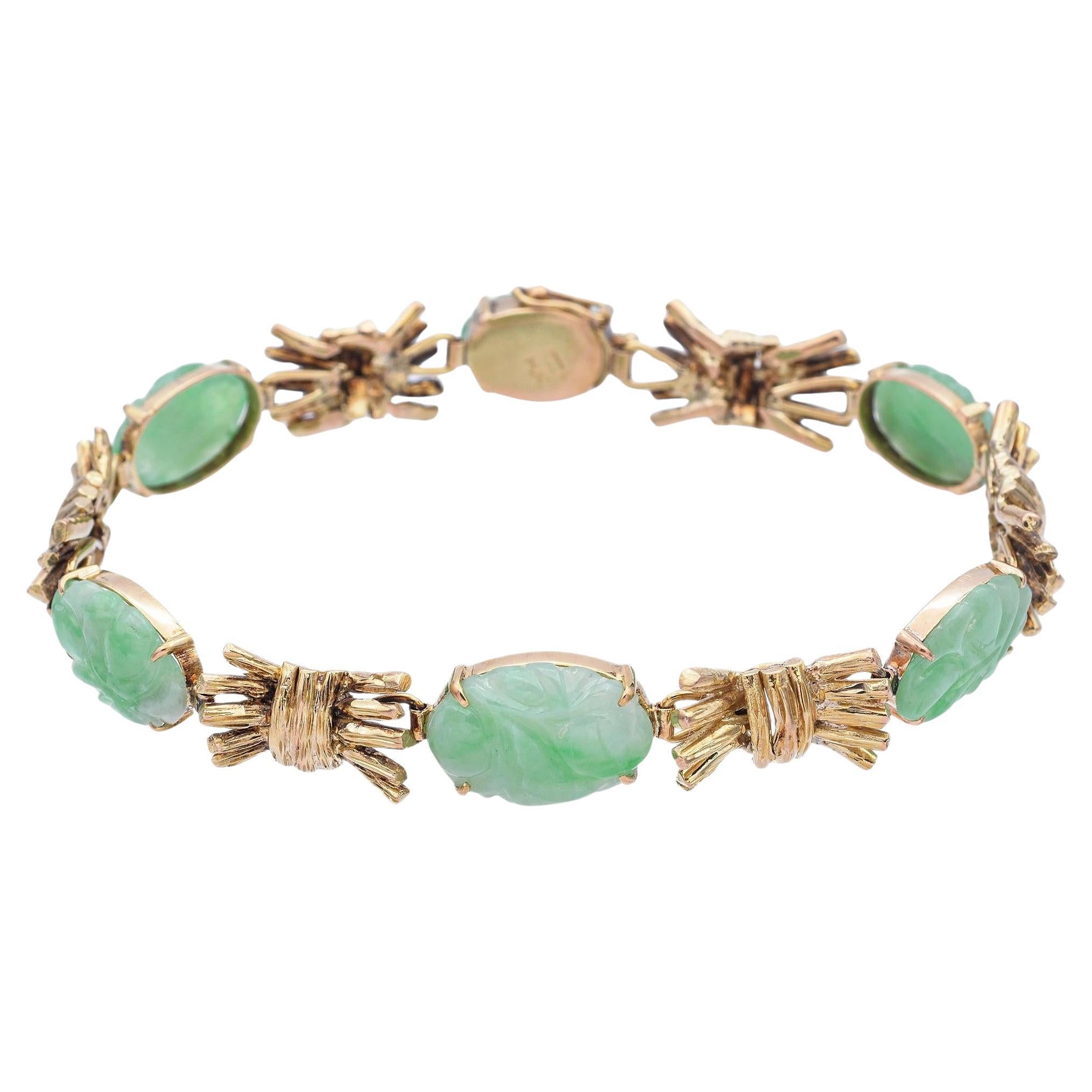 Vintage 14K Yellow Gold Green Jade Carved Oval Cabochon Link Bracelet