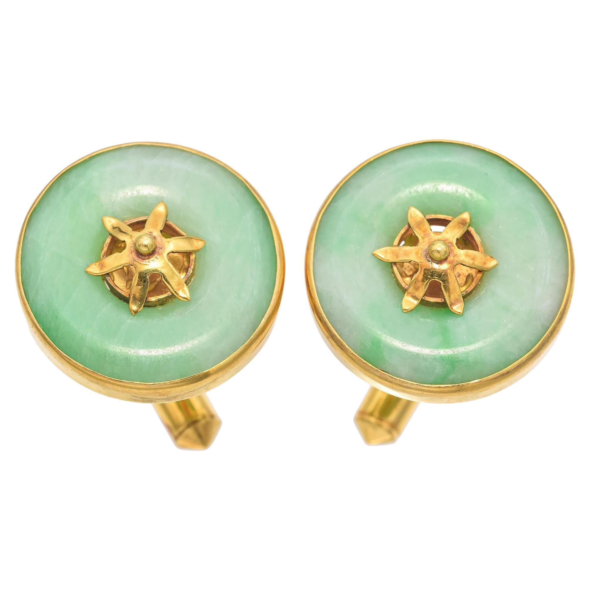 Vintage 14K Yellow Gold Green Jade Disc Round Cufflinks