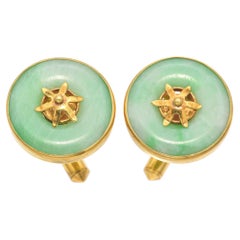 Vintage 14K Yellow Gold Green Jade Disc Round Cufflinks