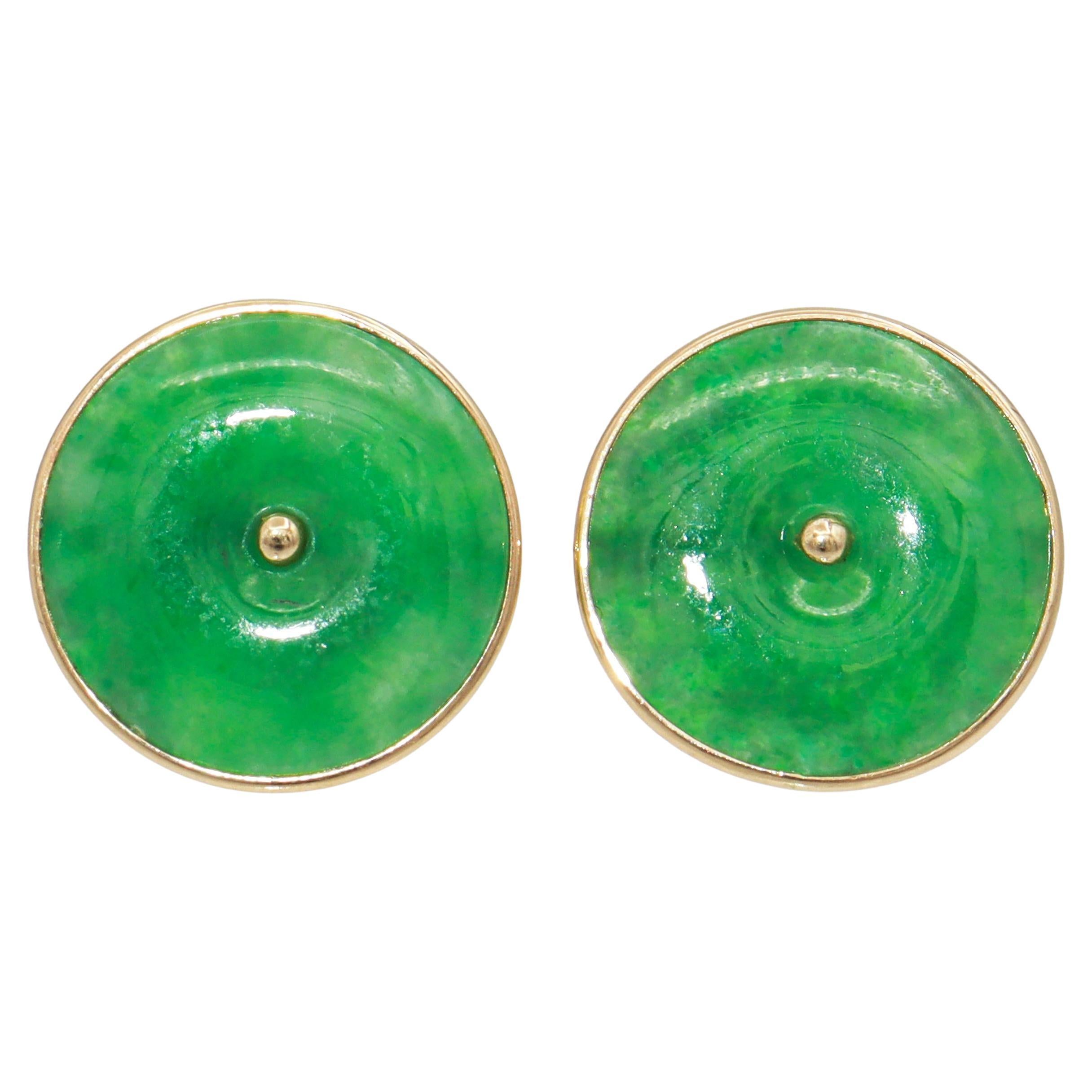 Vintage 14K Yellow Gold Green Jade Donut Earrings For Sale