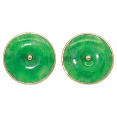 Vintage 14K Yellow Gold Green Jade Donut Earrings