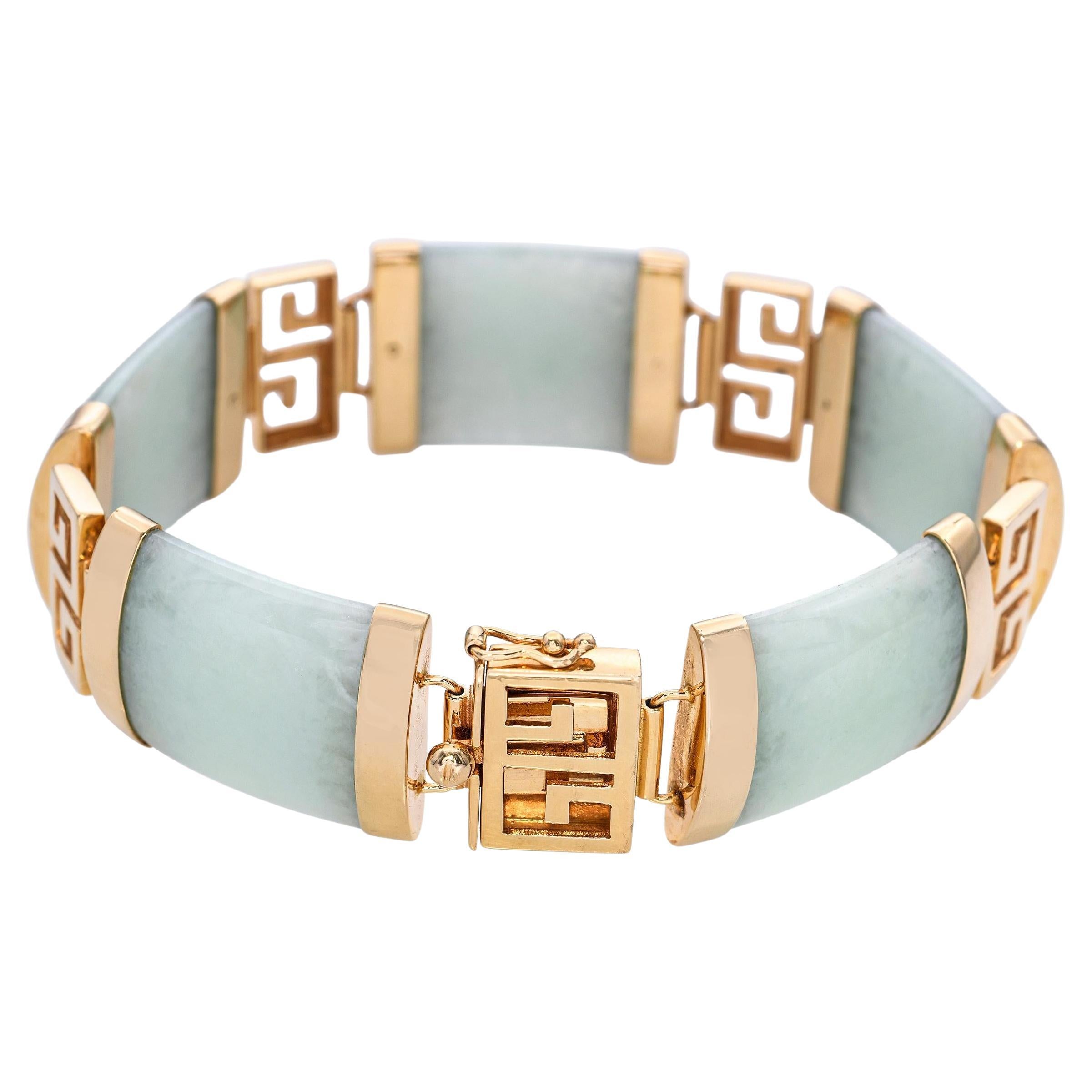 Vintage 14k Gelbgold Grün Jade Link-Armband im Angebot