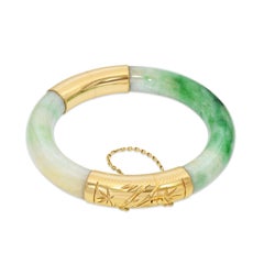 Vintage 14k Yellow Gold Green Jadeite Jade Hinged Bangle Bracelet
