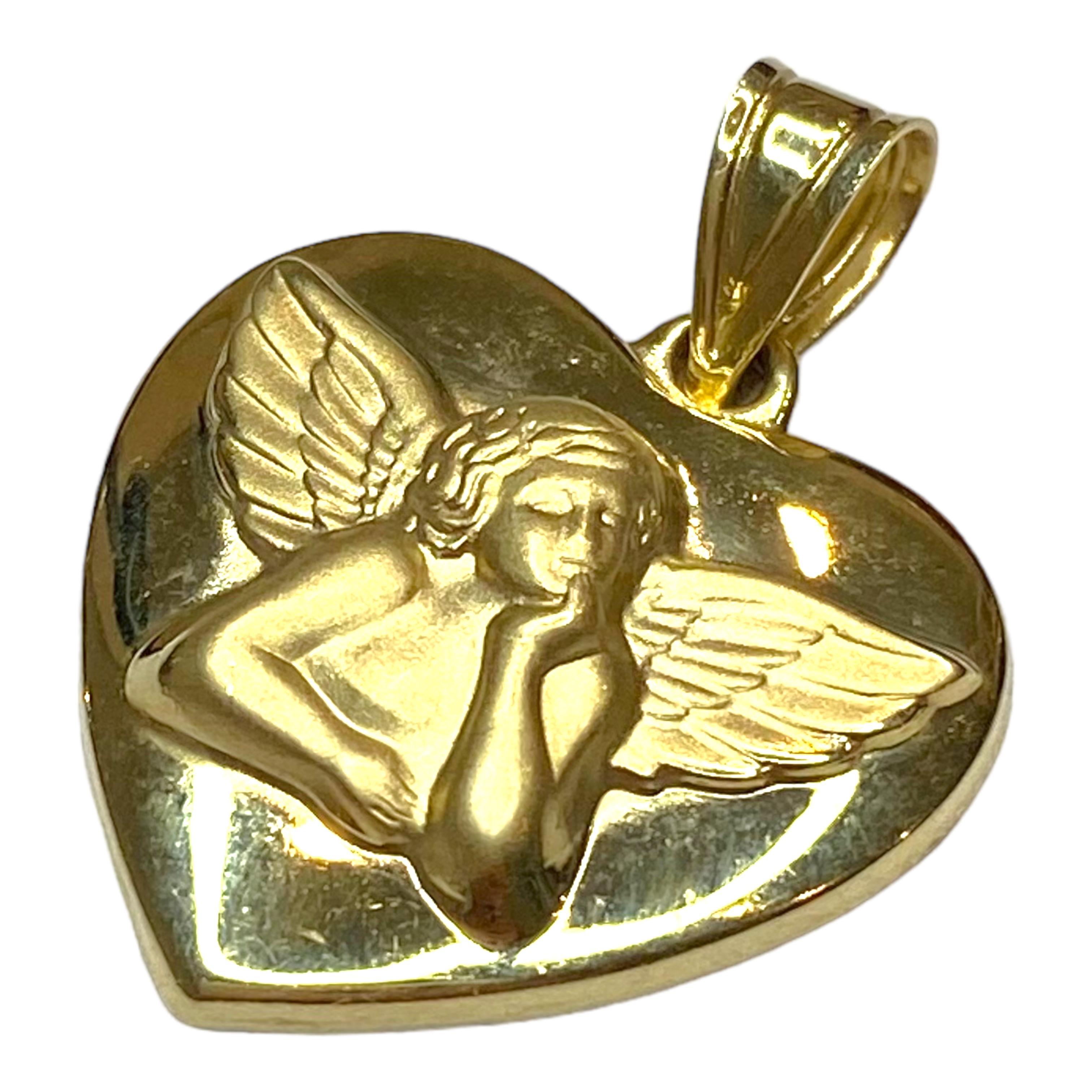 Women's or Men's Vintage 14K Yellow Gold Guardian Angel Heart Pendant