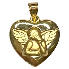 Vintage 14K Yellow Gold Guardian Angel Heart Pendant