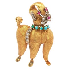Vintage 14K Yellow Gold Hammered and Textured Poodle with Dia, Ruby, and Turq