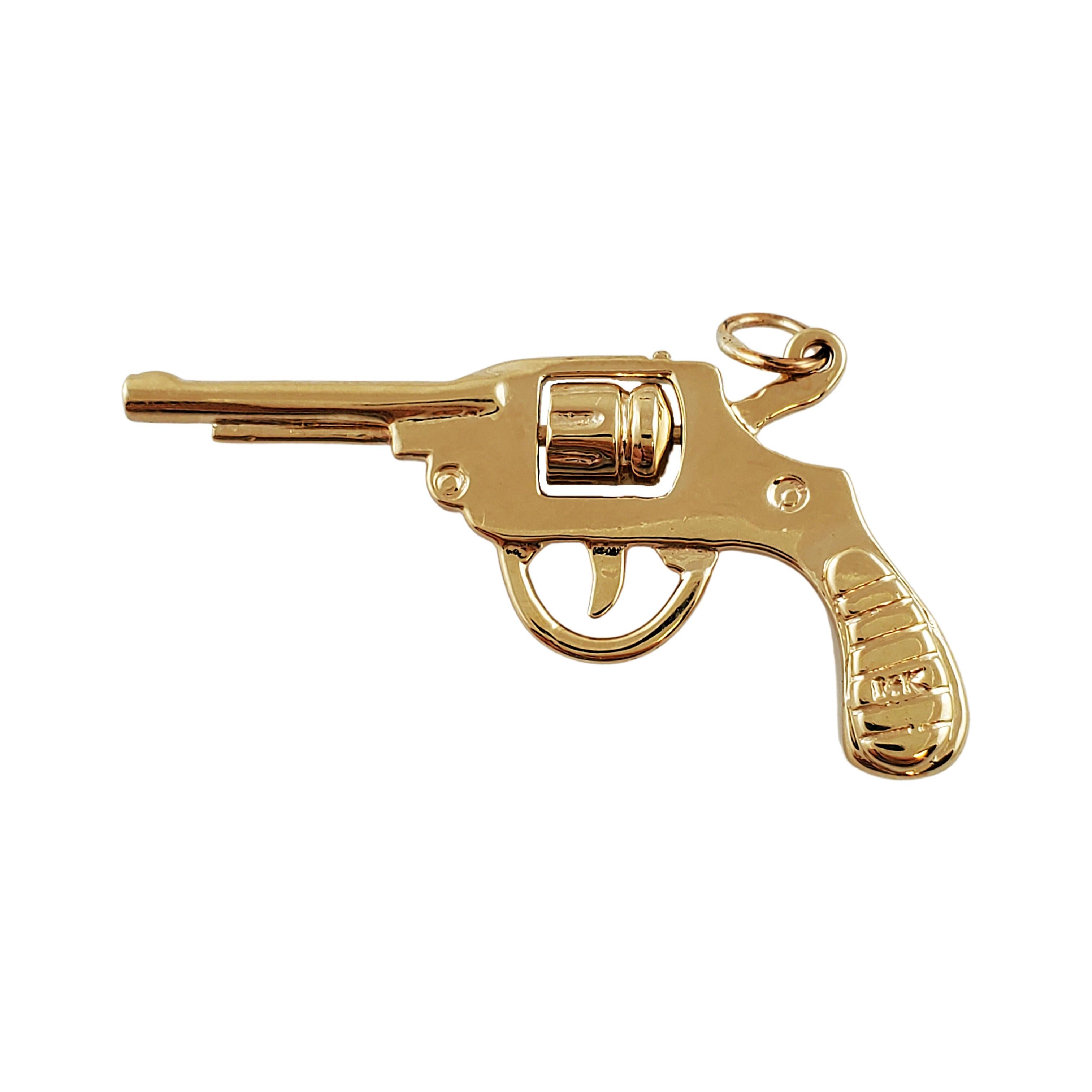 Vintage 14K Yellow Gold Hand Gun Charm

Take a shot at this charm!

Beautiful hand gun charm depicts a classic revolver gun with a mechanical cylinder that spins. This charm is crafted in 14k yellow gold.

Chain not included!

Size: 20mm X