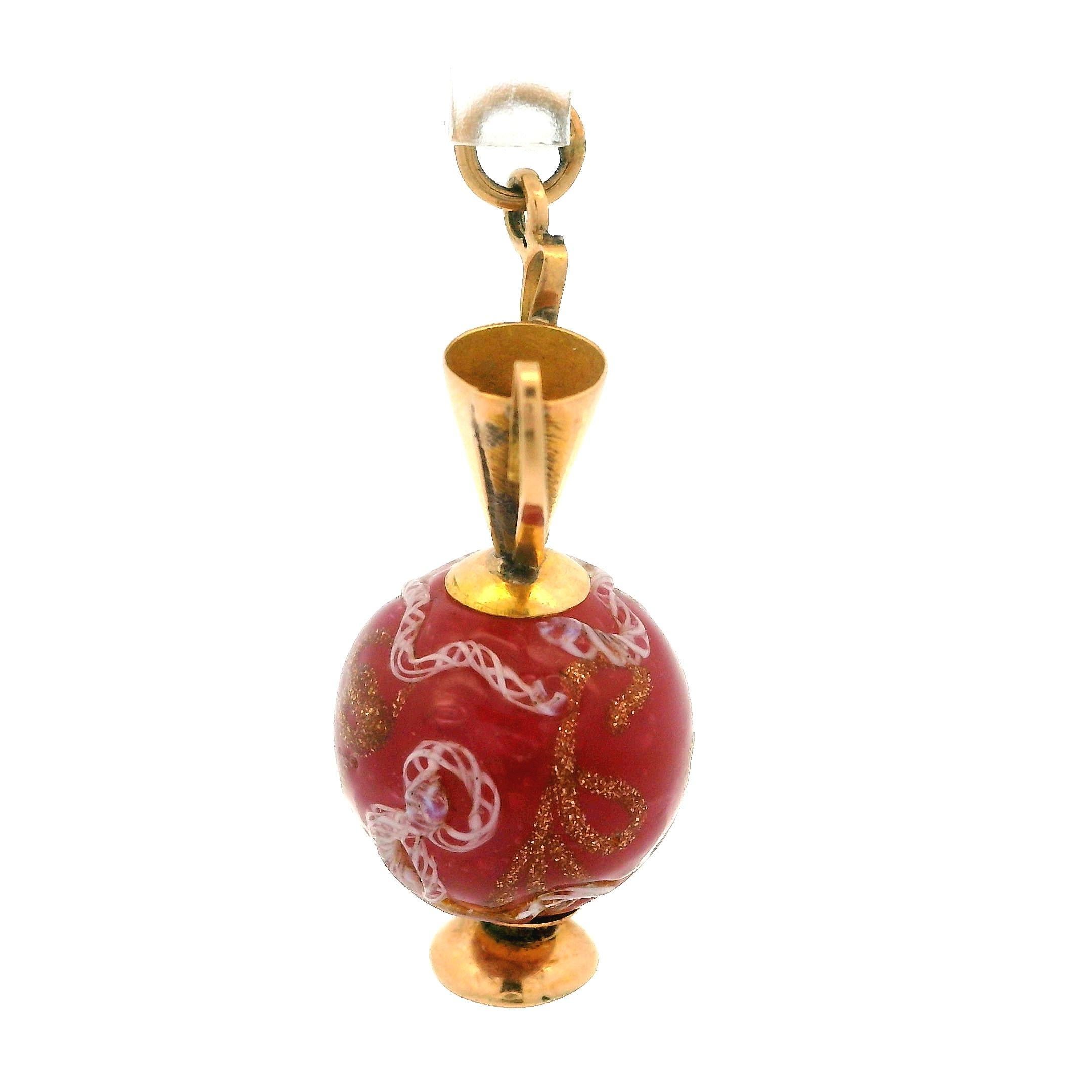 Vintage 14k Gelbgold Hand gemalt rosa Stein Vase Charme Anhänger Damen im Angebot