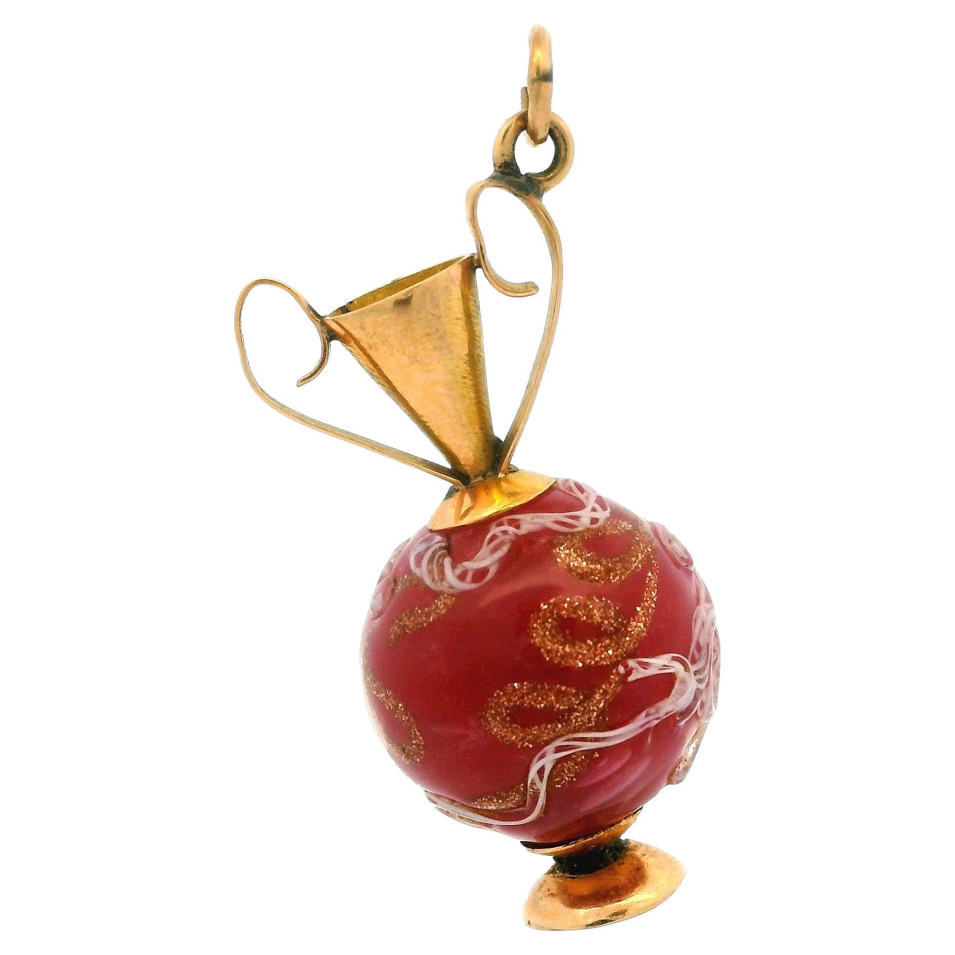 Vintage 14k Yellow Gold Hand Painted Pink Stone Vase Charm Pendant