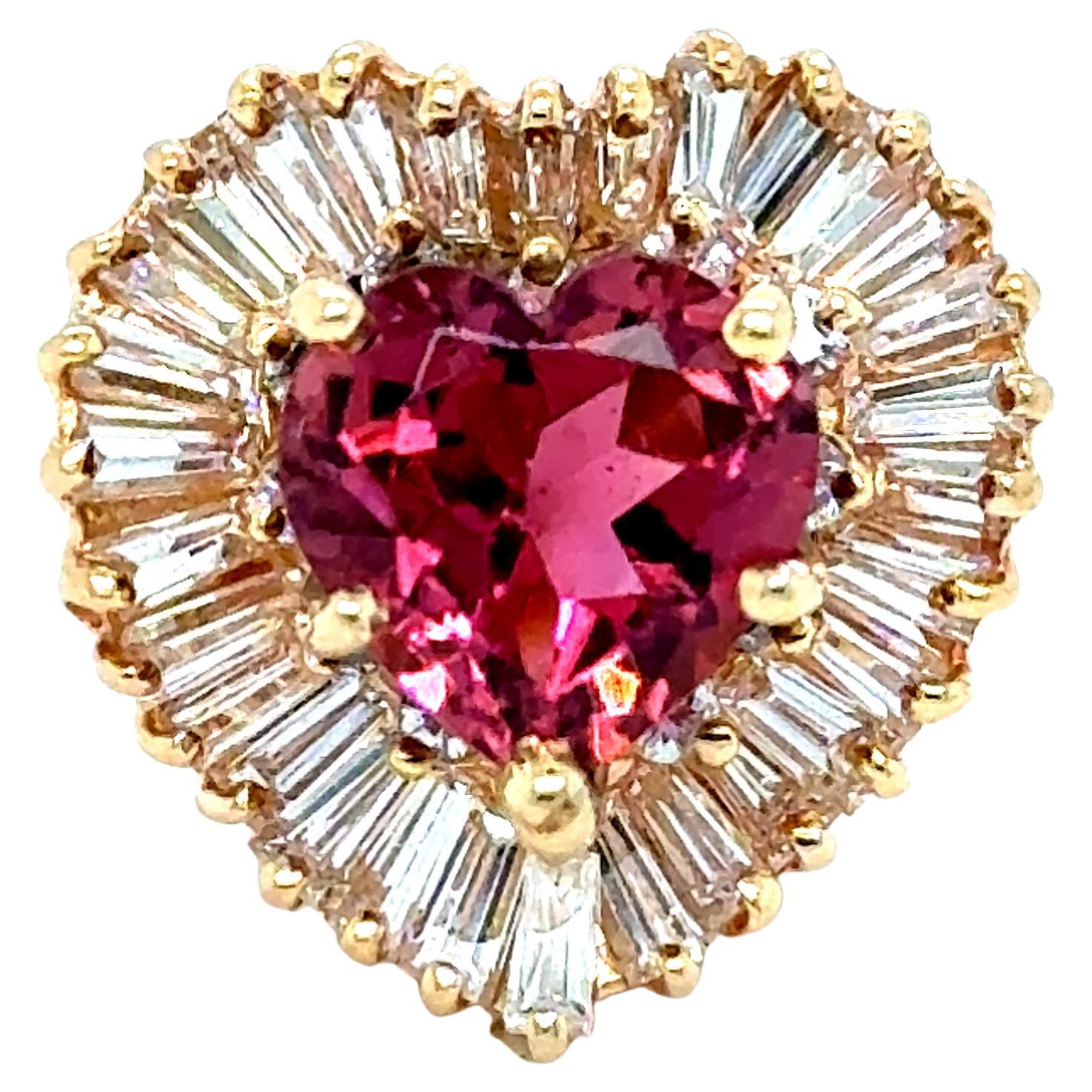 Vintage 14K Gelbgold Herz Pink Turmalin Ballerina Diamant Verlobungsring im Angebot