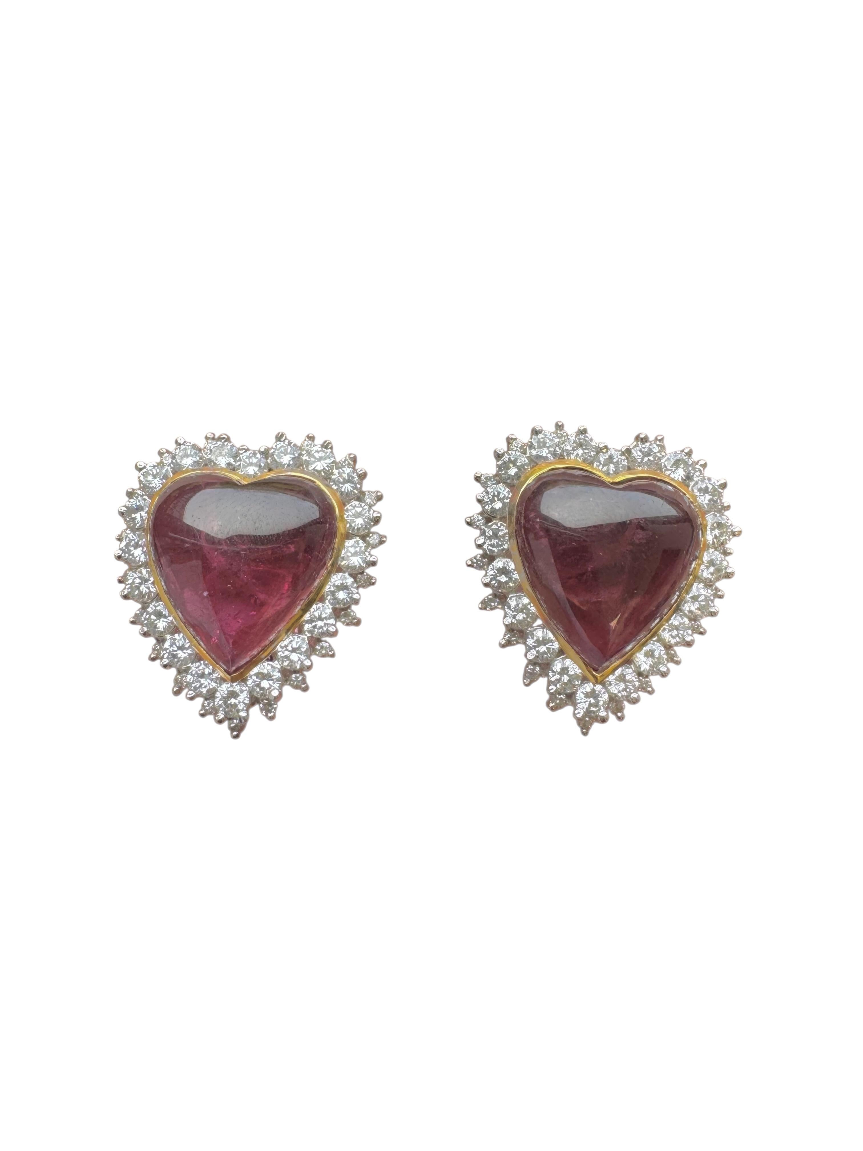 Vintage 14K Yellow Gold Heart-Shaped Tourmaline and Diamond Ear Clips In Excellent Condition For Sale In Great Neck Plaza, NY