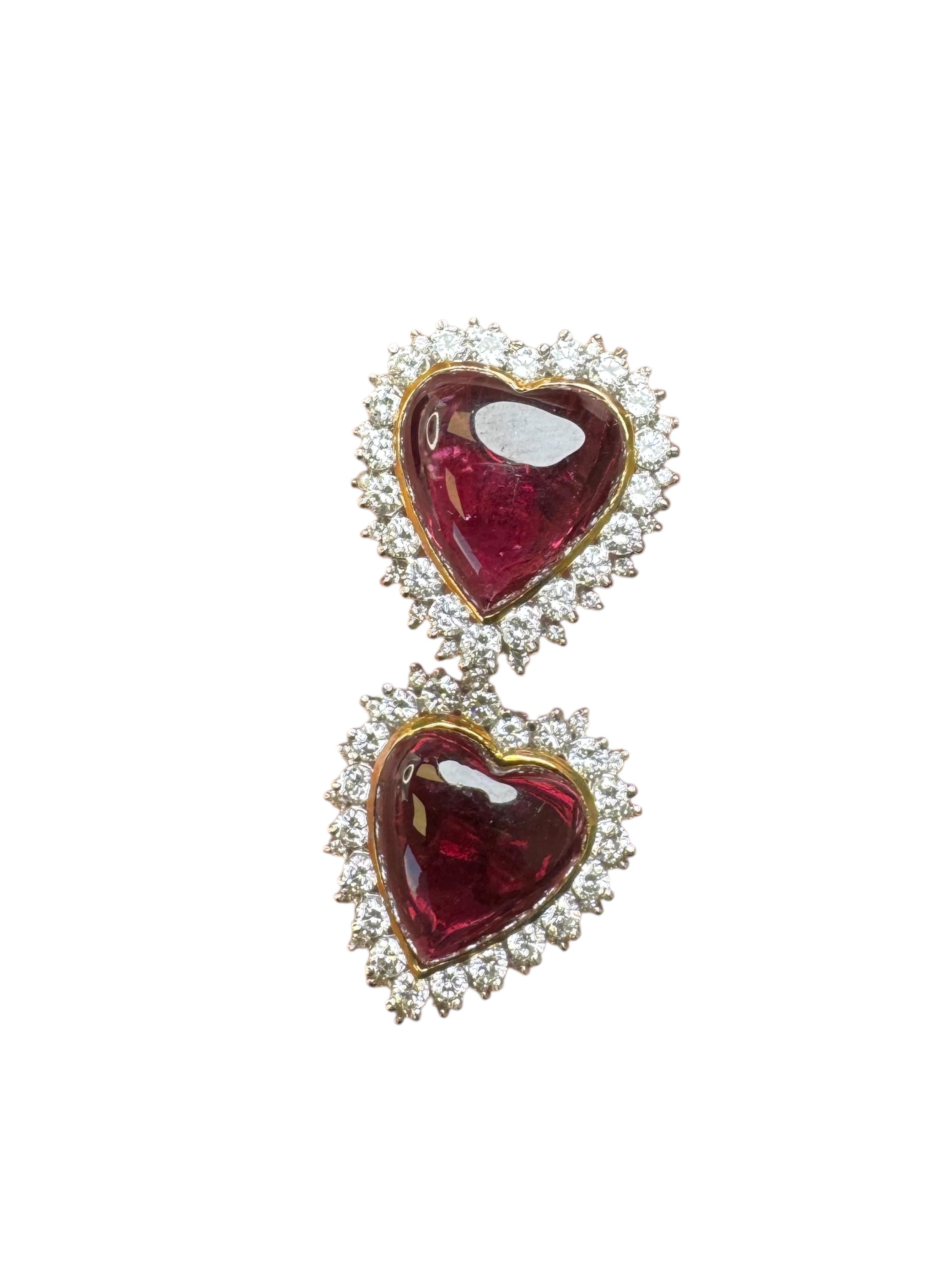 Women's or Men's Vintage 14K Yellow Gold Heart-Shaped Tourmaline and Diamond Ear Clips For Sale