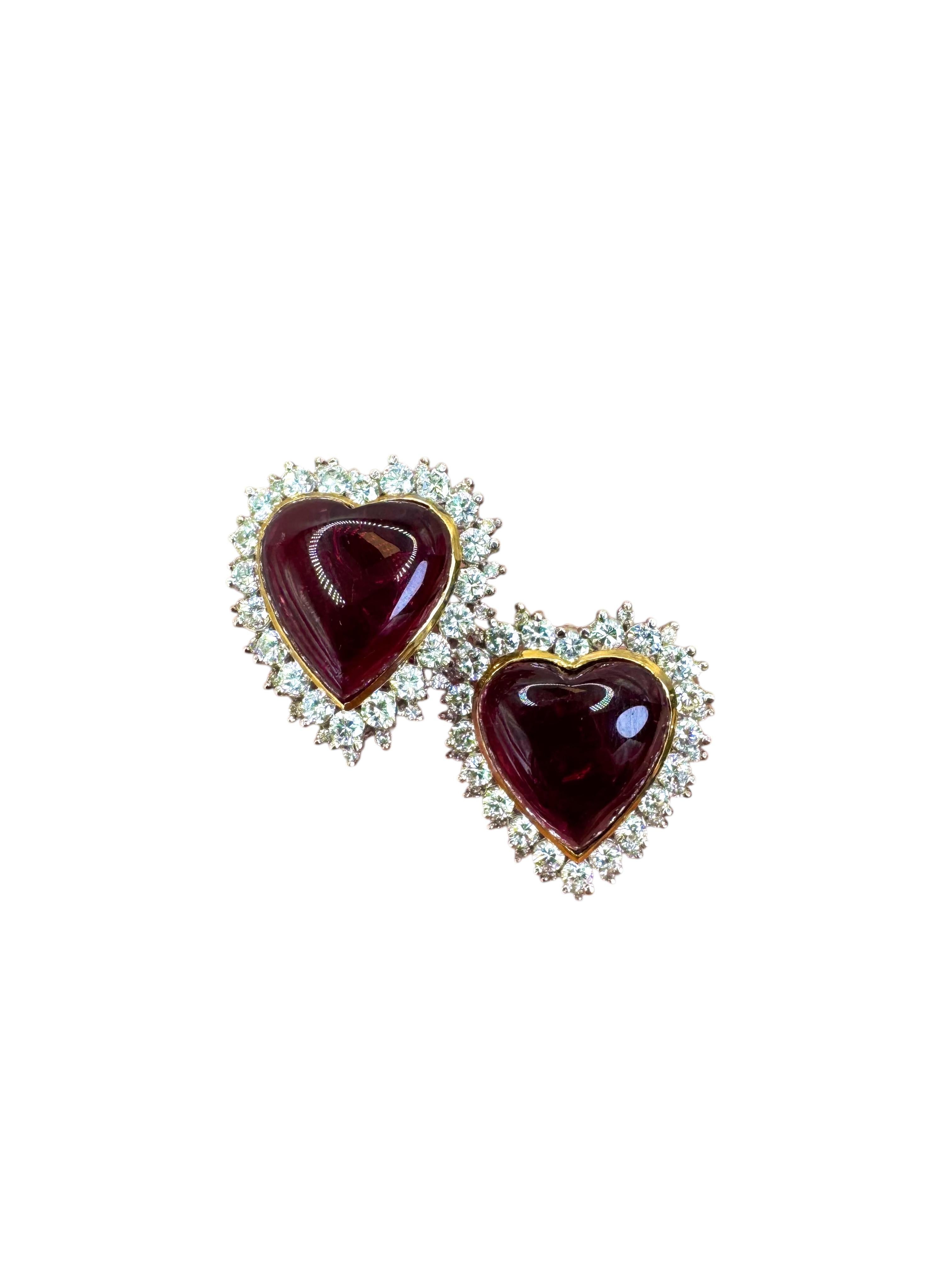 Vintage 14K Yellow Gold Heart-Shaped Tourmaline and Diamond Ear Clips For Sale 1