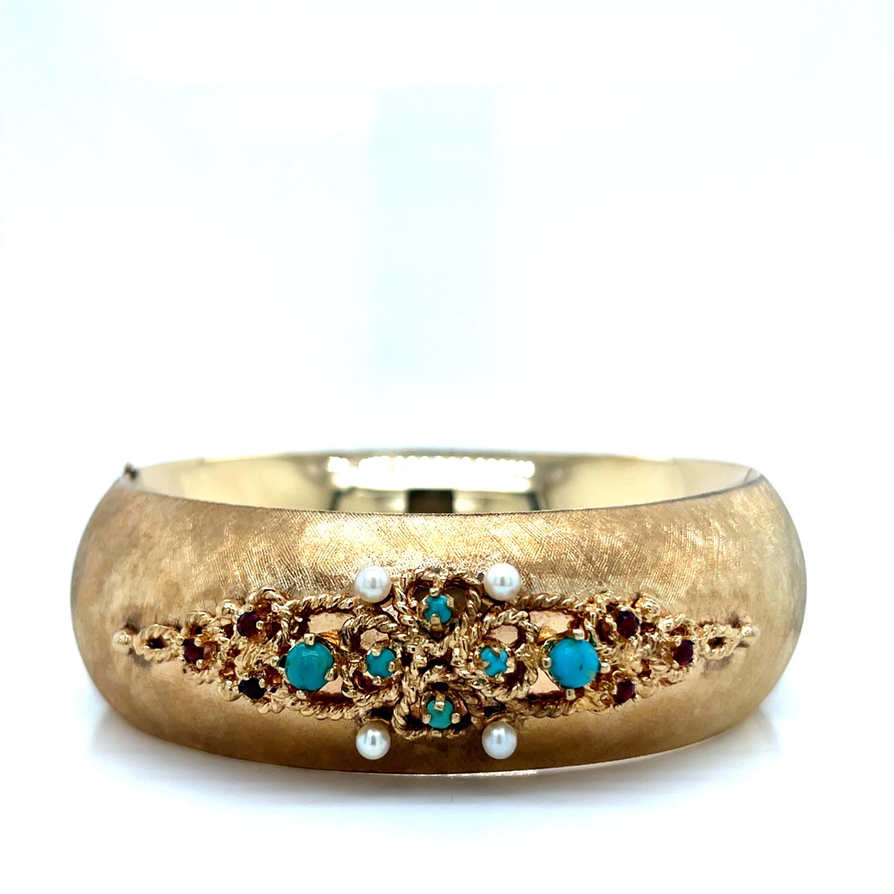 Bracelet jonc lourd vintage en or jaune 14 carats avec turquoise, perles et grenat en vente 5