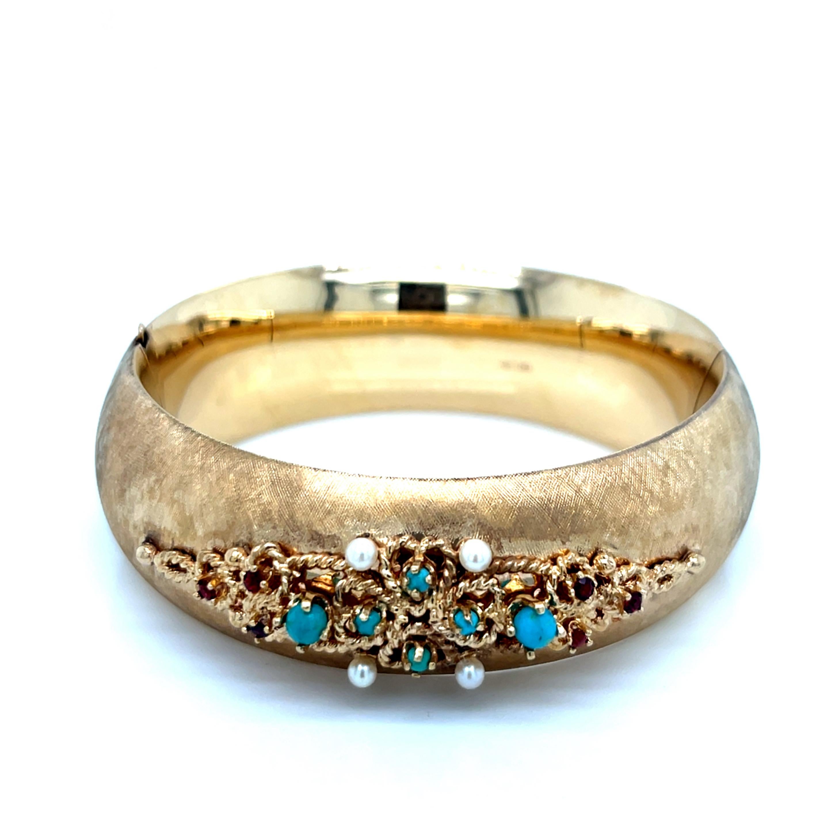 Bracelet jonc lourd vintage en or jaune 14 carats avec turquoise, perles et grenat

Ceci est un 
