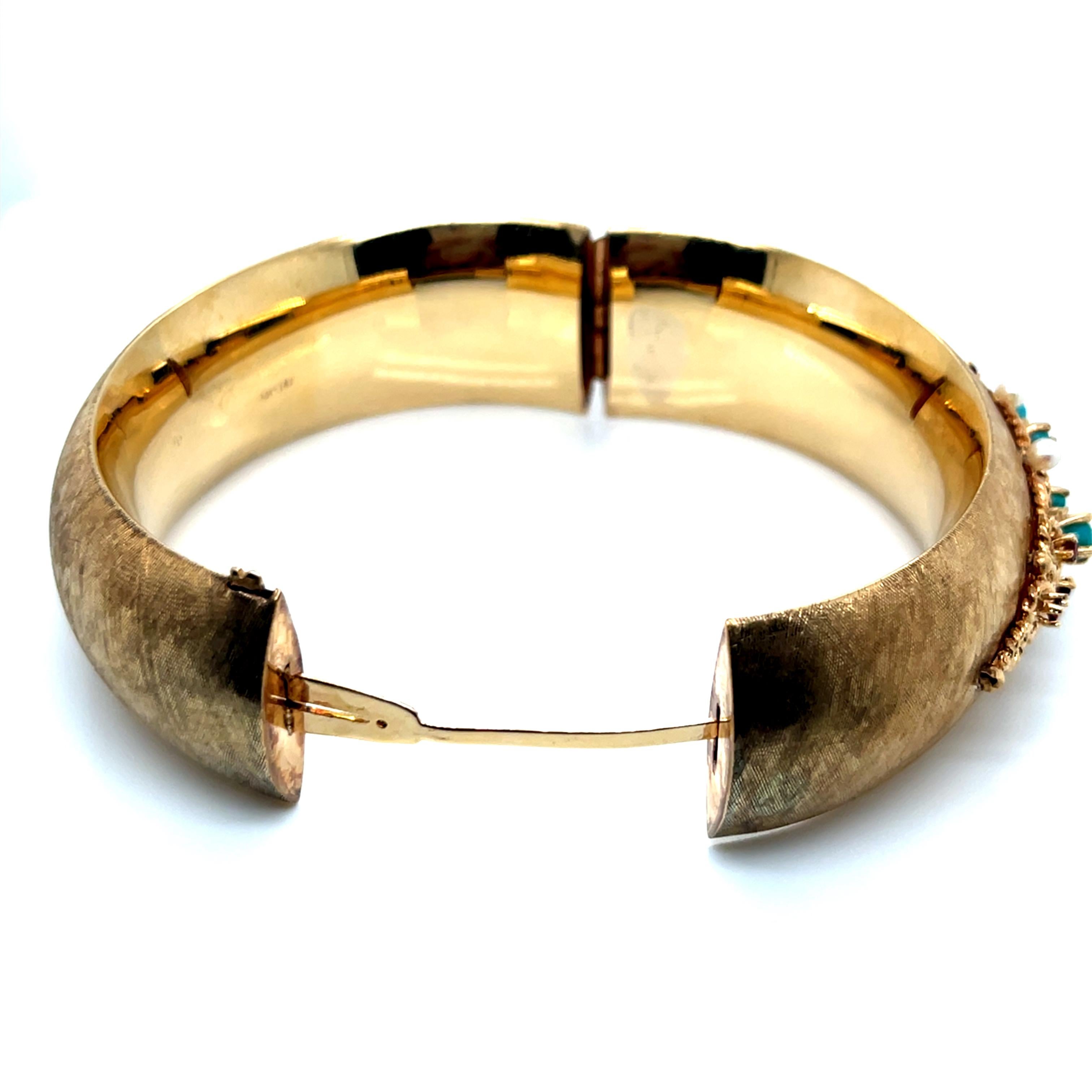 Bracelet jonc lourd vintage en or jaune 14 carats avec turquoise, perles et grenat Pour femmes en vente