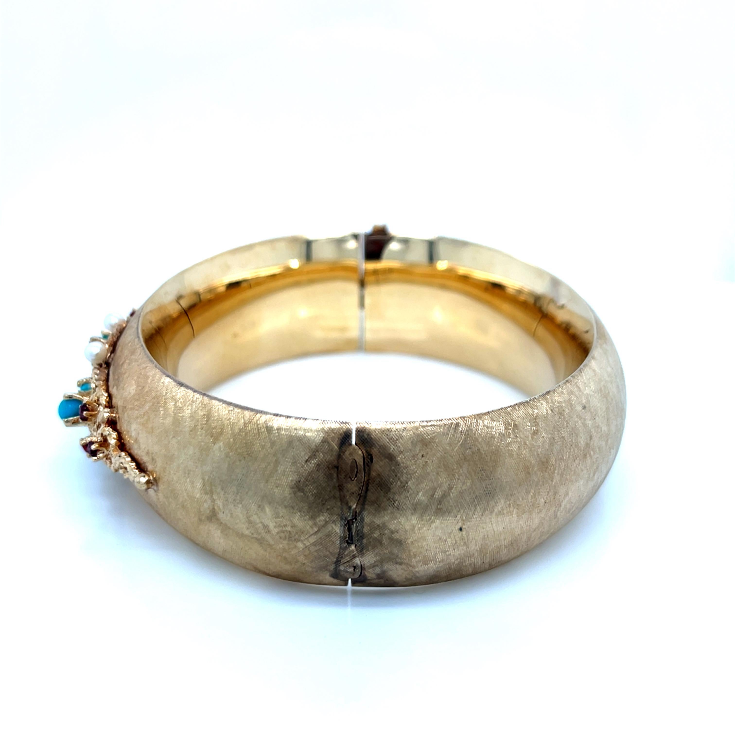 Bracelet jonc lourd vintage en or jaune 14 carats avec turquoise, perles et grenat en vente 2