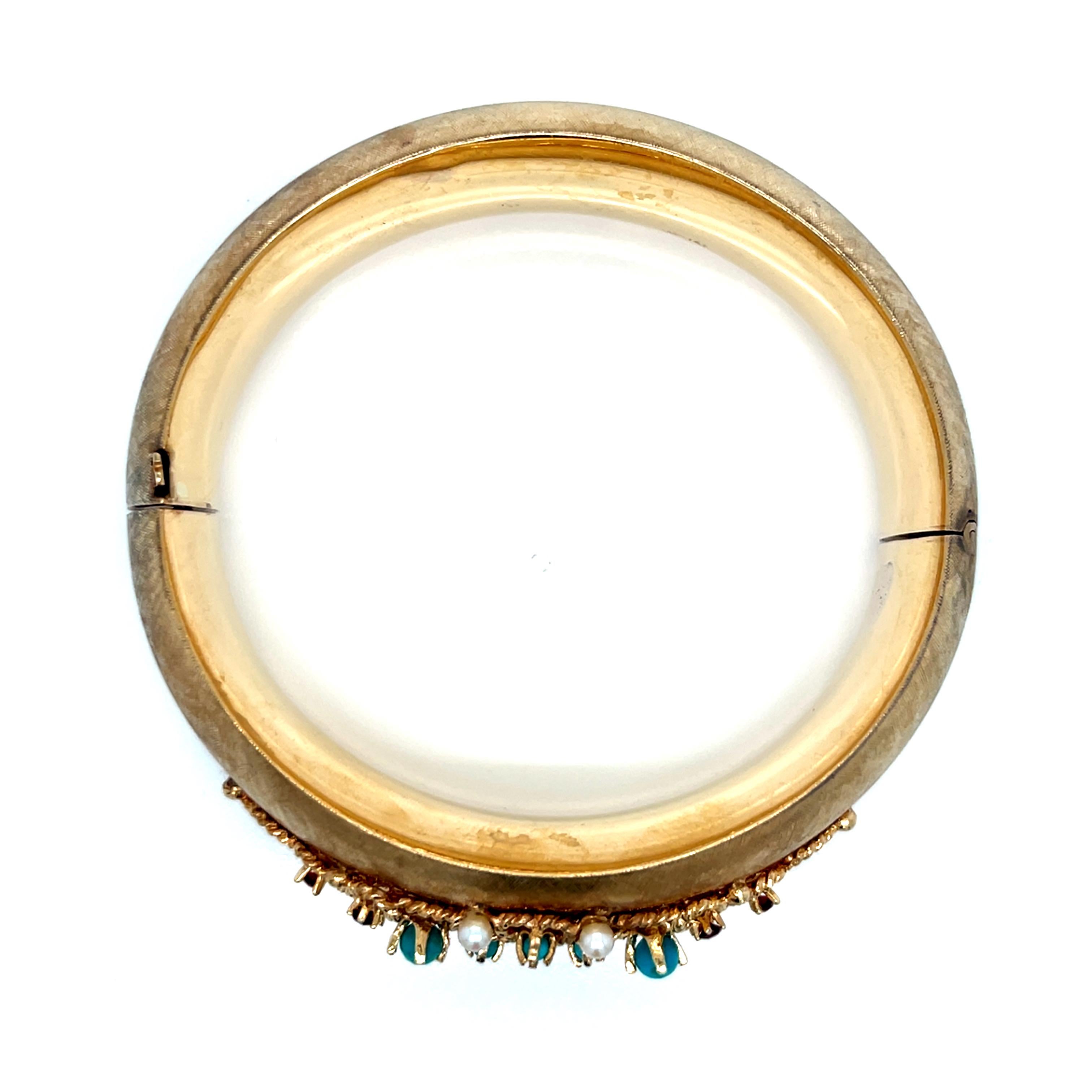 Bracelet jonc lourd vintage en or jaune 14 carats avec turquoise, perles et grenat en vente 4