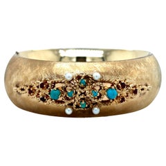 Vintage 14k Yellow Gold Heavy Bangle Bracelet with Turquoise, Pearl, and Garnet