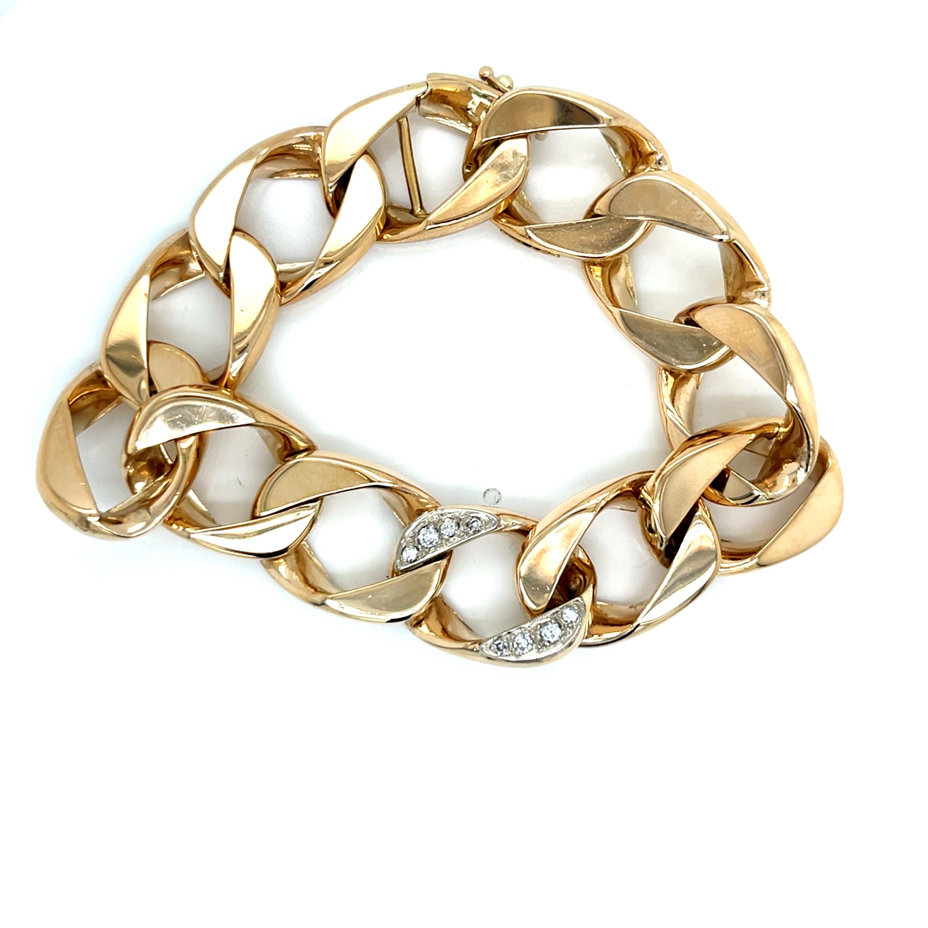 Vintage 14k Gelbgold Heavy Cable Armband mit Diamant Link (Rundschliff) im Angebot