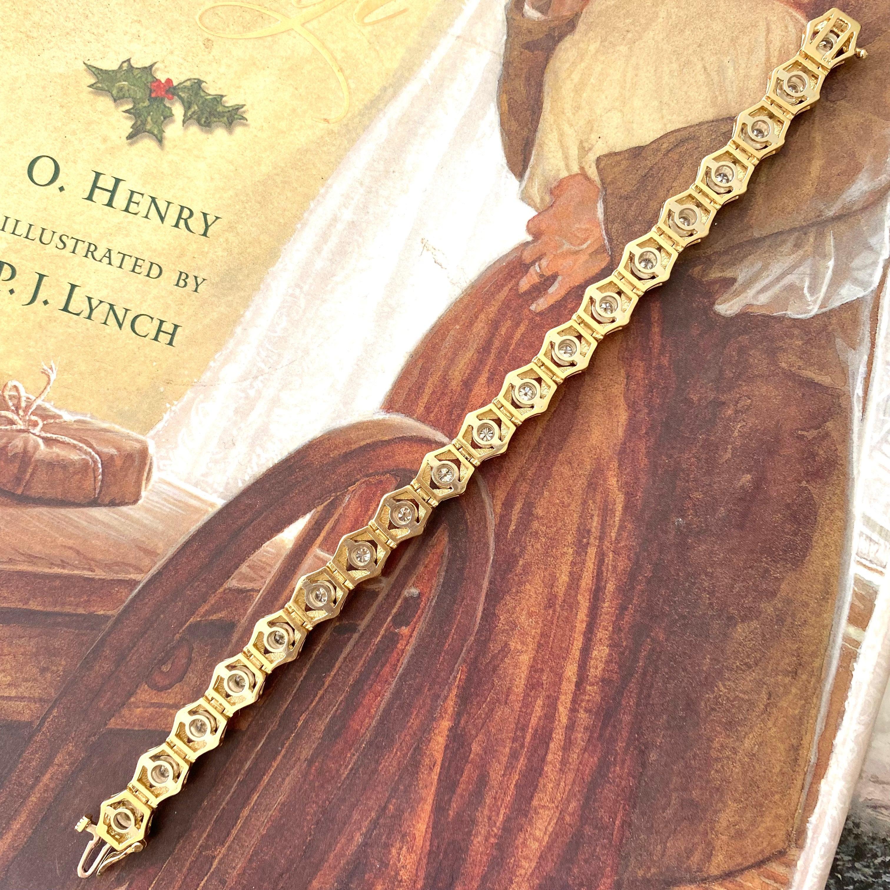 Vintage 14K Gelbgold Sechseckige Links Diamant-Armband (Brillantschliff)