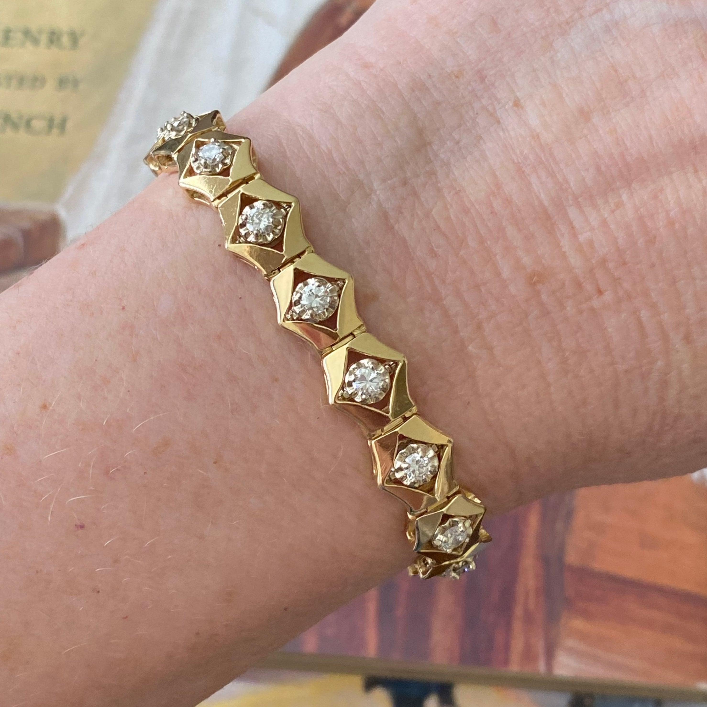 Vintage 14K Gelbgold Sechseckige Links Diamant-Armband Damen