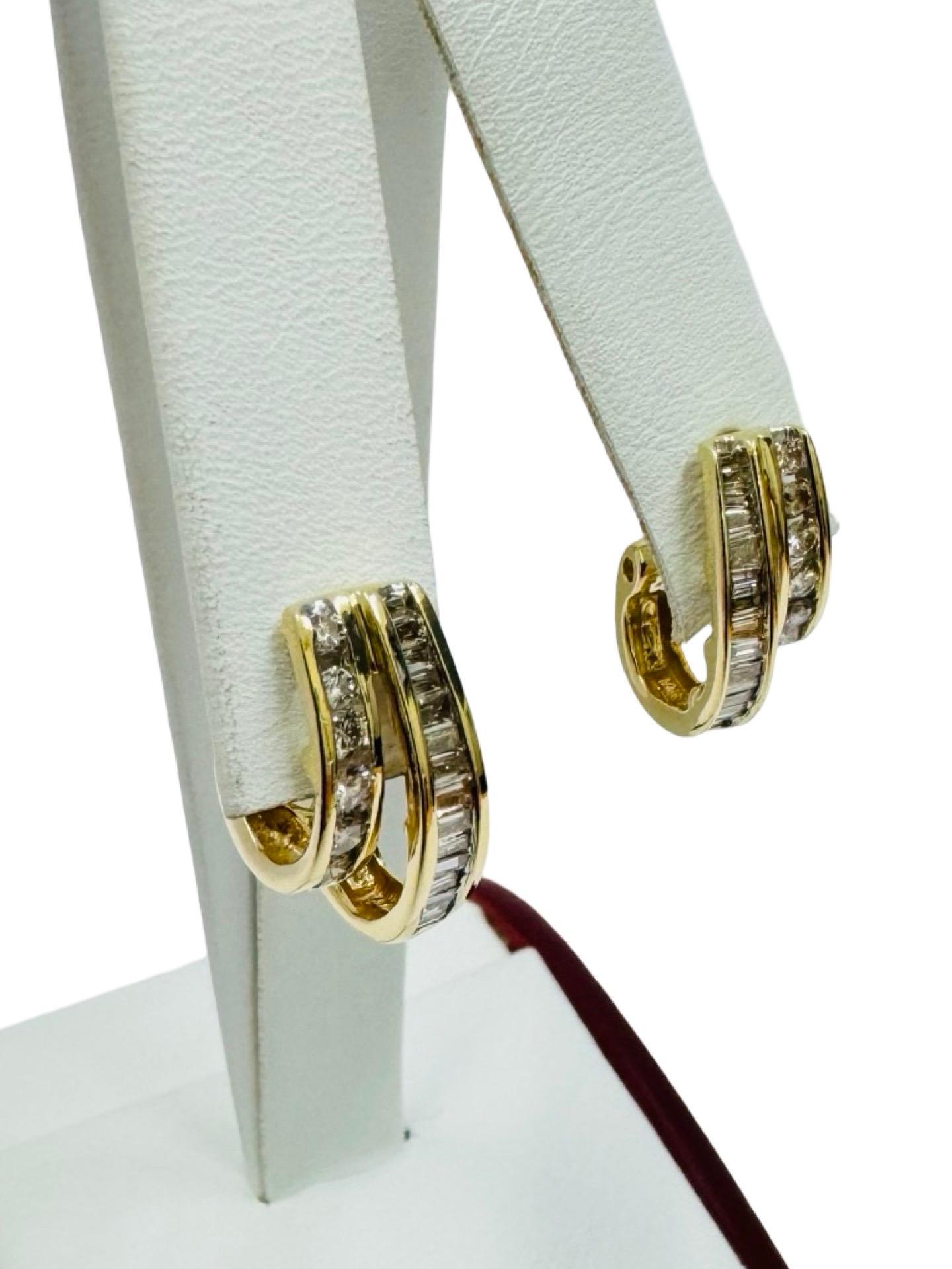 Baguette Cut Vintage 14K Yellow Gold Hoop Earrings with Baguette and Round Natural Diamonds For Sale