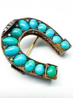 Vintage 14K Yellow Gold Horseshoe Brooch with Natural Blue Turquoise