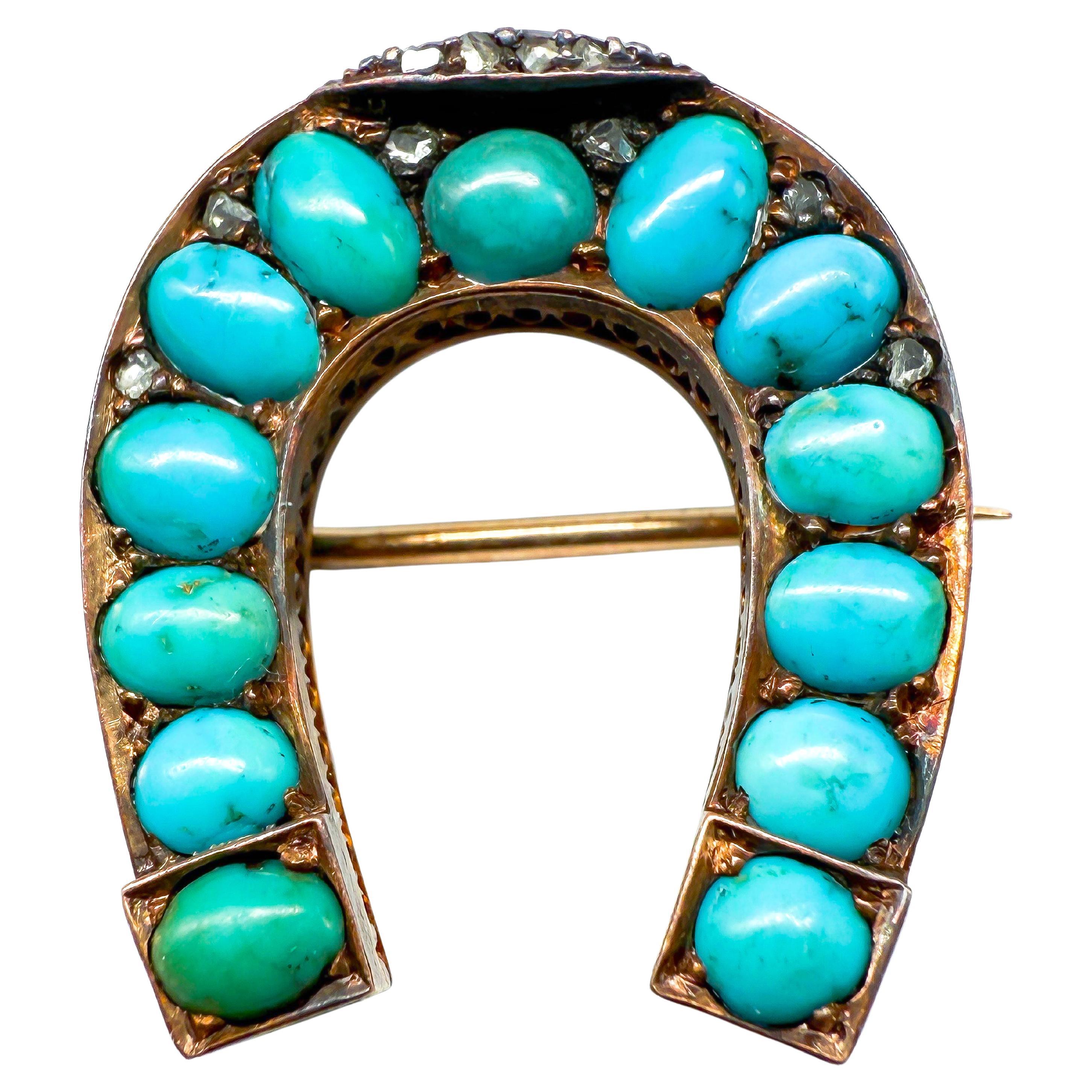 Vintage 14K Yellow Gold Horseshoe Brooch with Natural Blue Turquoise