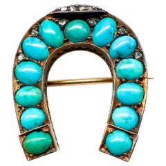 Vintage 14K Yellow Gold Horseshoe Brooch with Natural Blue Turquoise