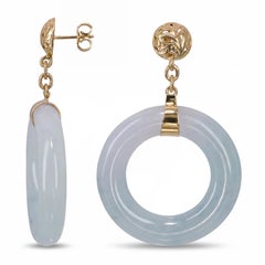 Vintage 14k Yellow Gold Ice Blue Jade Hoop Earrings