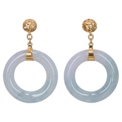 Vintage 14k Yellow Gold Ice Blue Jade Hoop Earrings
