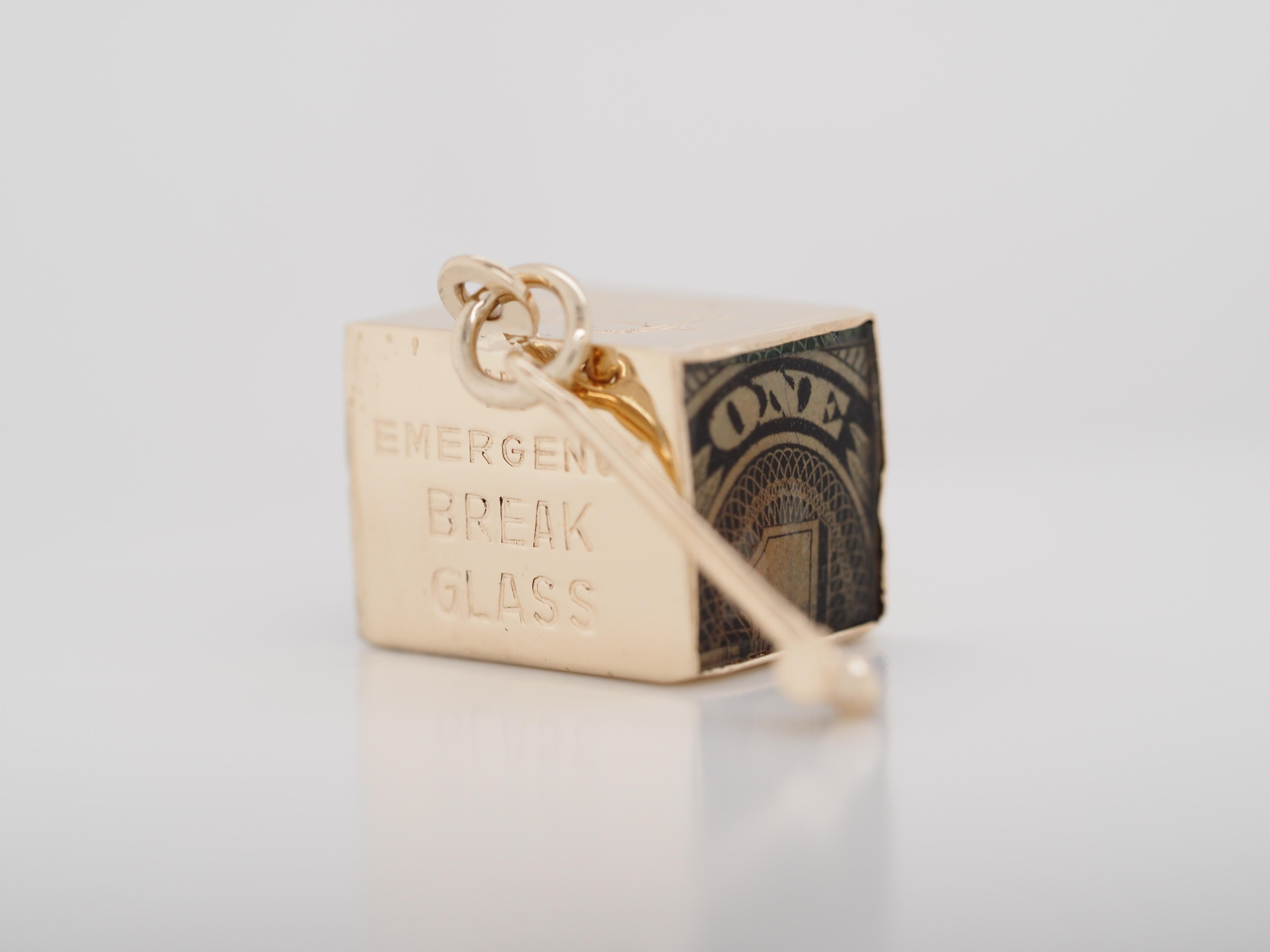 Vintage 14k Yellow Gold in Emergency Break Glass Dollar Charm Pendant 1
