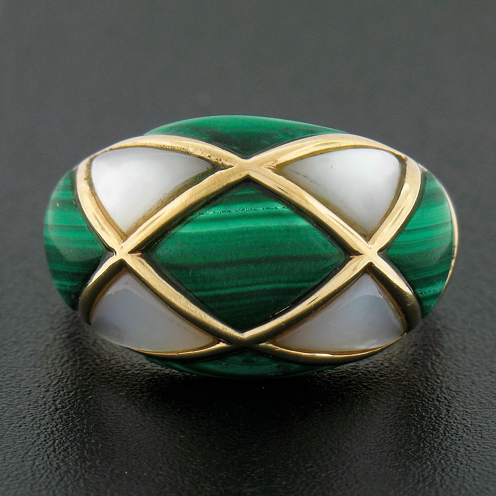 Cabochon Vintage 14K Yellow Gold Inlaid Malachite & Mother of Pearl Wide Domed Bombe Ring For Sale