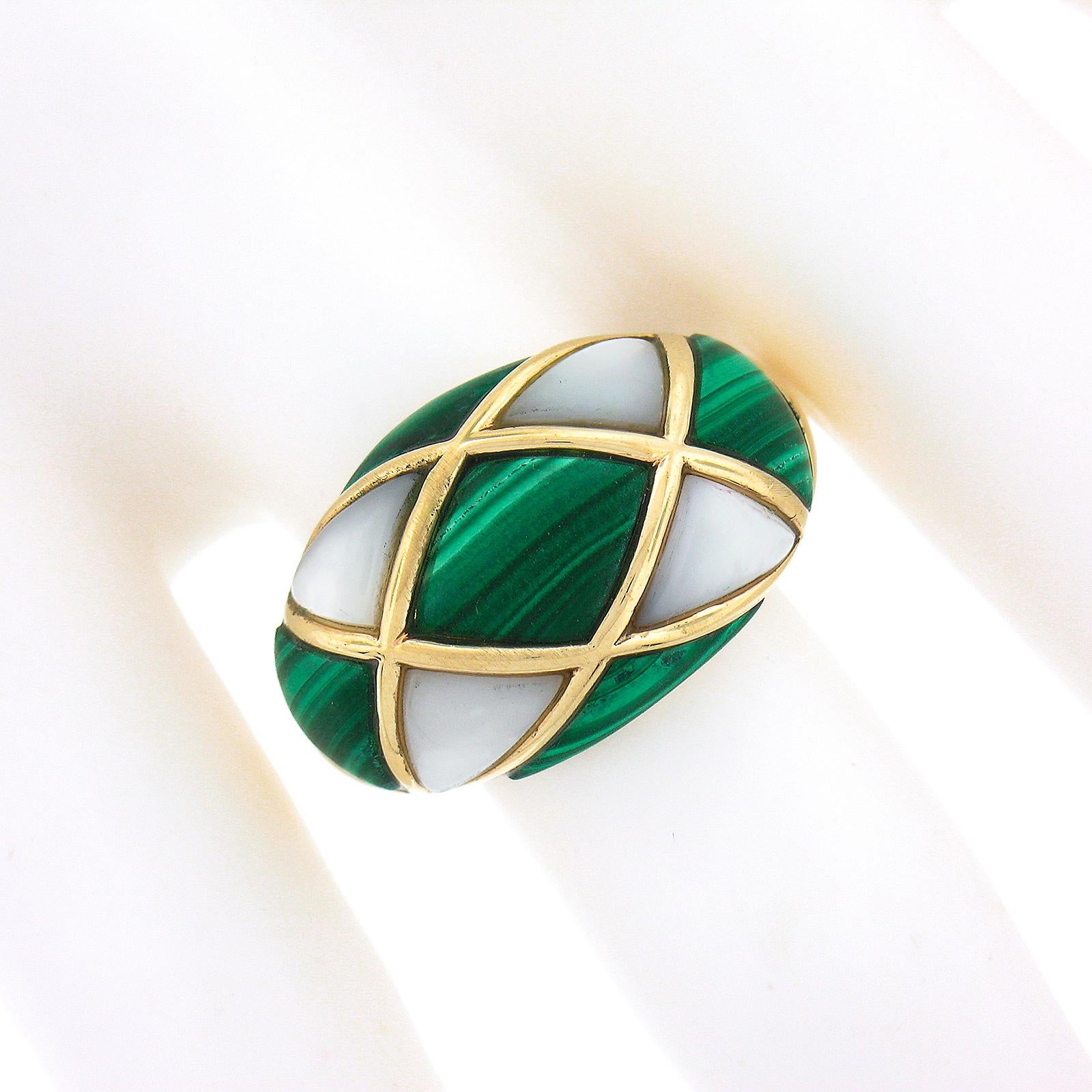 Vintage 14K Yellow Gold Inlaid Malachite & Mother of Pearl Wide Domed Bombe Ring In Excellent Condition For Sale In Montclair, NJ