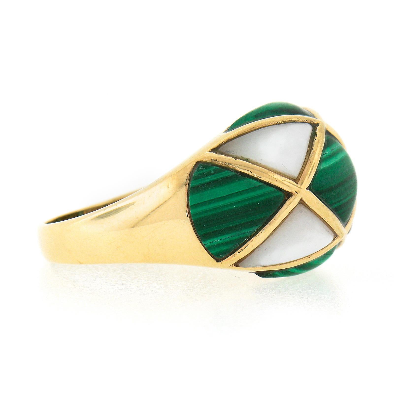 Women's Vintage 14K Yellow Gold Inlaid Malachite & Mother of Pearl Wide Domed Bombe Ring For Sale