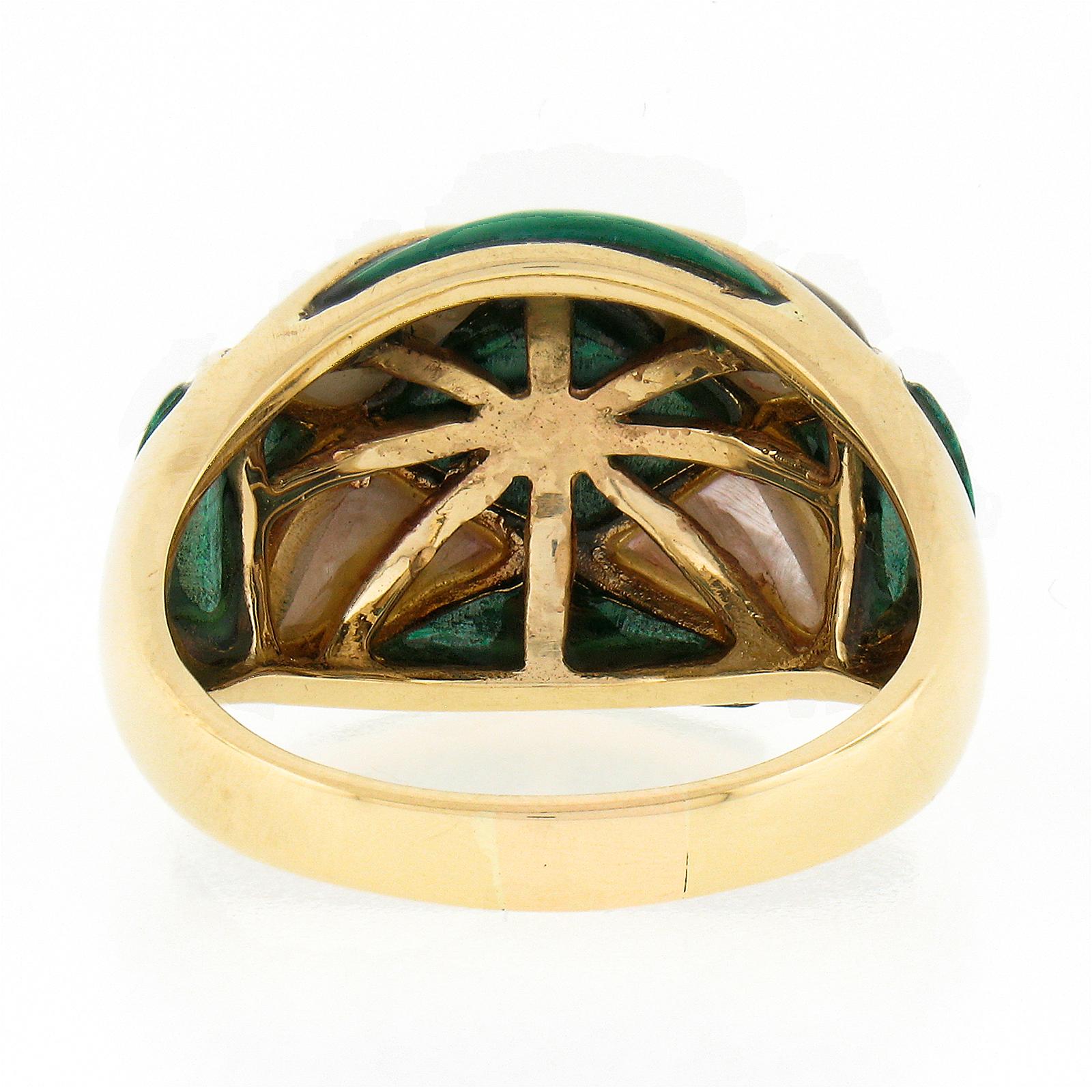 Vintage 14K Yellow Gold Inlaid Malachite & Mother of Pearl Wide Domed Bombe Ring For Sale 1