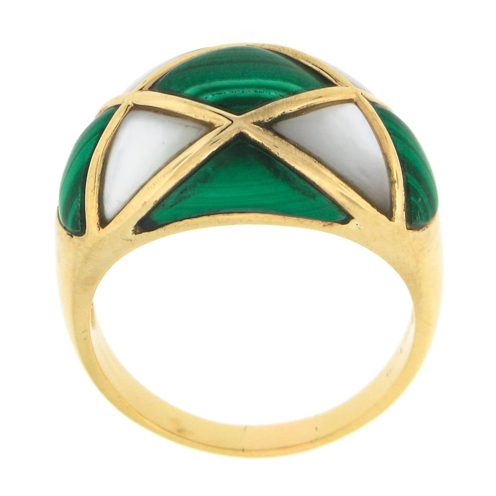 Vintage 14K Yellow Gold Inlaid Malachite & Mother of Pearl Wide Domed Bombe Ring For Sale 2