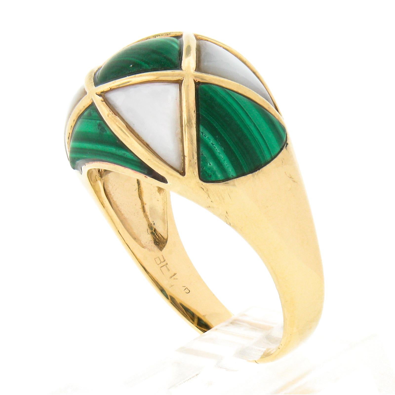 Vintage 14K Yellow Gold Inlaid Malachite & Mother of Pearl Wide Domed Bombe Ring For Sale 3